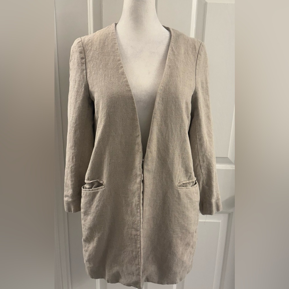 ZARA Basic Collection Size S 100% Linen Silver-Toned V-neck Blazer/Jacket